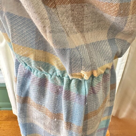 Vintage 80s dress, blue, purple, yellow, white, pastel plaid; asymmetric collar - Picture 5 of 10